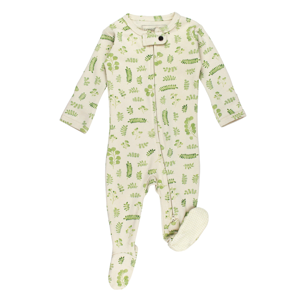 Organic 2-Way Zipper Footie, Stone Botanica, A cream footie pajama with an all-over green leaf and botanical print, long sleeves, footed bottoms, and a front zipper with a snap tab at the neck.