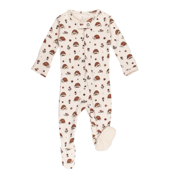 Organic 2-Way Zipper Footie, Tiny Tortoise Print, A cream colored baby footie printed with a tiny tortoise and floral pattern, featuring a front zipper and footed legs with grip soles.