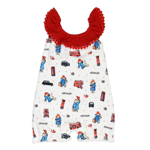 Organic Bubble Romper, London Paddington Print, A white sleeveless baby romper printed with London themed Paddington Bear graphics, featuring a red ruffled neckline and thigh ruffles.