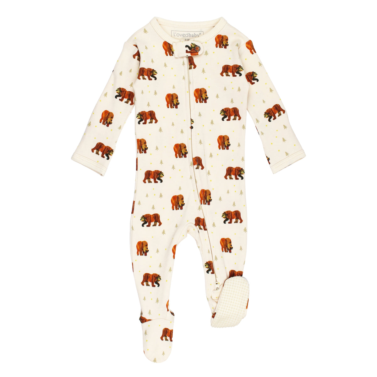 Organic Cotton 2-Way Zipper Footie, Brown Bear Print, A cream colored baby footie with a print of brown bears and pine trees, a front zipper, and fold over feet with grip soles.