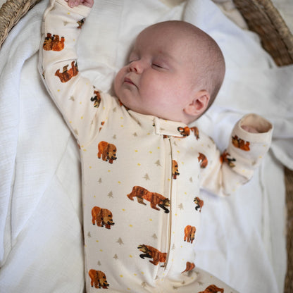 Organic Cotton 2-Way Zipper Footie, Brown Bear Print, view 2