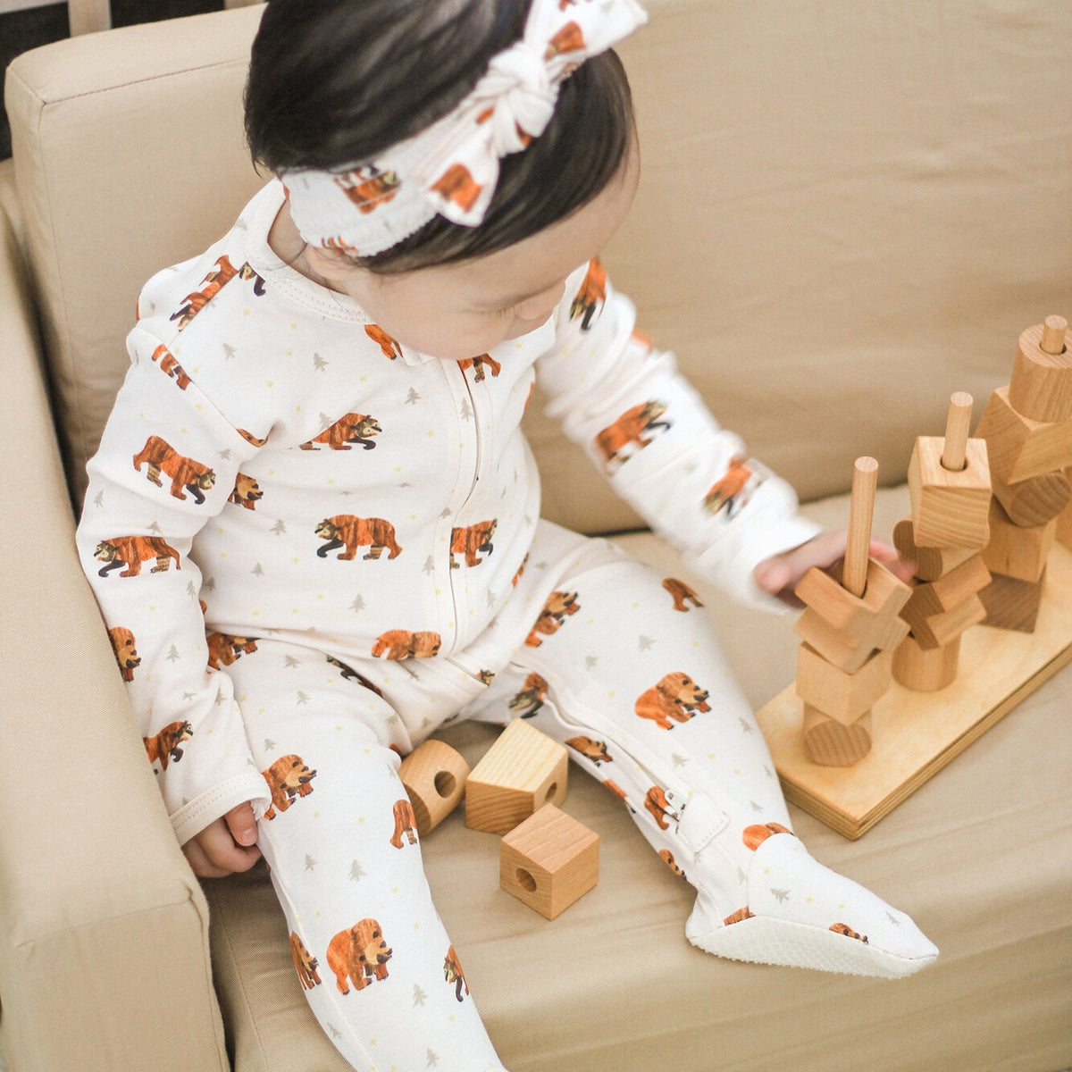 Organic Cotton 2-Way Zipper Footie, Brown Bear Print, view 3