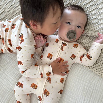 Organic Cotton 2-Way Zipper Footie, Brown Bear Print, view 4