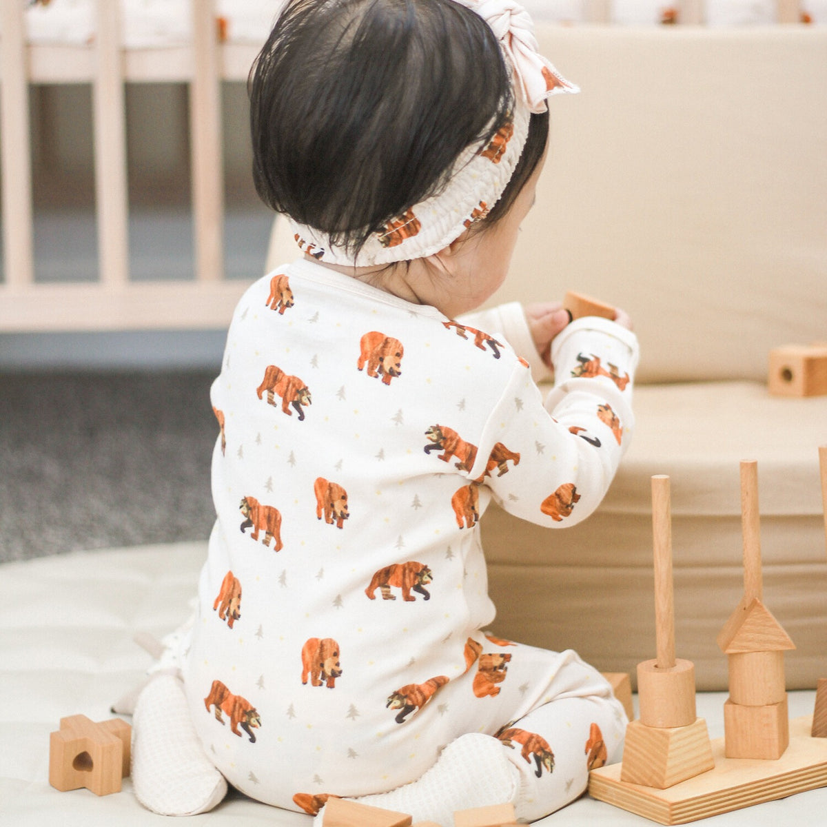 Organic Cotton 2-Way Zipper Footie, Brown Bear Print, view 5