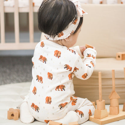 Organic Cotton 2-Way Zipper Footie, Brown Bear Print, view 5