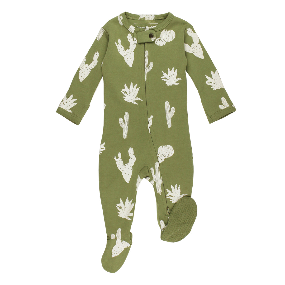 Organic Cotton 2-Way Zipper Footie, Sage Cactus Print, A sage green baby footie with an allover cream cactus and agave print, front zipper, and footed bottoms with grip soles.