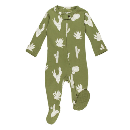 Organic Cotton 2-Way Zipper Footie, Sage Cactus Print, A sage green baby footie with an allover cream cactus and agave print, front zipper, and footed bottoms with grip soles.