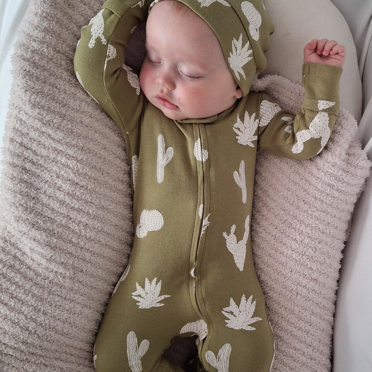 Organic Cotton 2-Way Zipper Footie, Sage Cactus Print, view 2