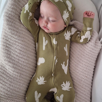 Organic Cotton 2-Way Zipper Footie, Sage Cactus Print, view 2
