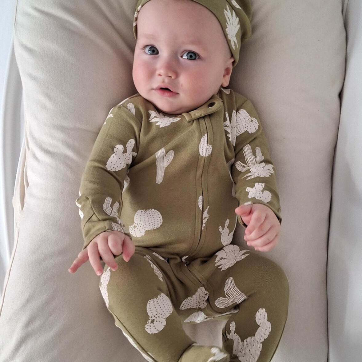 Organic Cotton 2-Way Zipper Footie, Sage Cactus Print, view 3