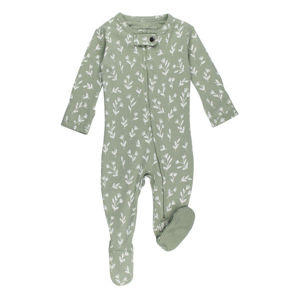 Organic Cotton 2-Way Zipper Footie, Seafoam Bloom, A sage green baby footie with a white floral print, snap-tab neckline, front zipper, and gripped feet.