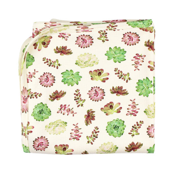 Organic Cotton Baby Blanket, Buttercream Succulents Print, A folded cream cotton baby blanket printed with green and rosy pink succulent illustrations.