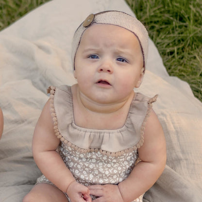 Organic Cotton Smocked Button Headband, Oatmeal, view 2