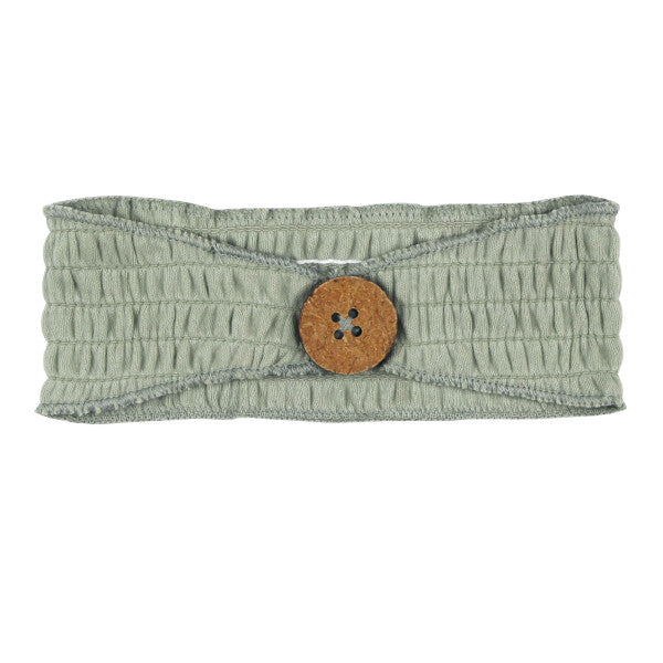 Organic Cotton Smocked Button Headband, Seafoam, A seafoam green smocked fabric headband with a round wooden button at the center front.