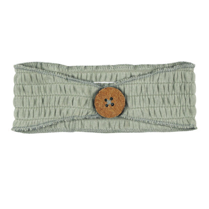 Organic Cotton Smocked Button Headband, Seafoam, A seafoam green smocked fabric headband with a round wooden button at the center front.