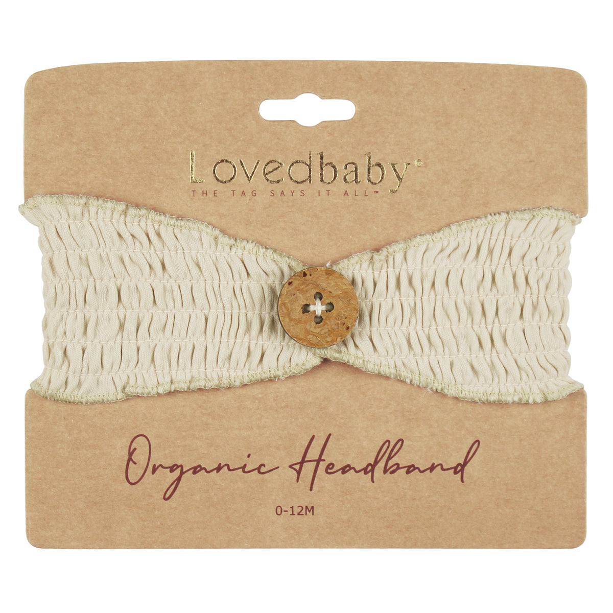 Organic Cotton Smocked Button Headband, Stone, view 2