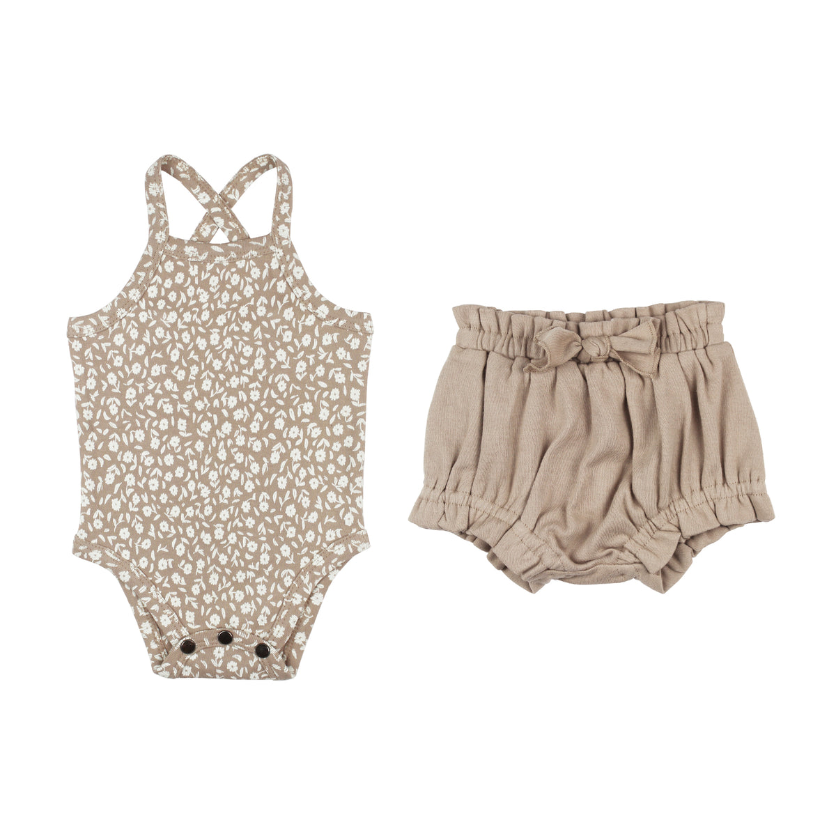 Organic Criss-Cross Bodysuit and Ruffle Bloomer Set, Oatmeal Ditsy Floral, A criss-cross strap baby bodysuit in an oatmeal ditsy floral print is shown next to matching solid oatmeal ruffle bloomers with a bow at the waist.