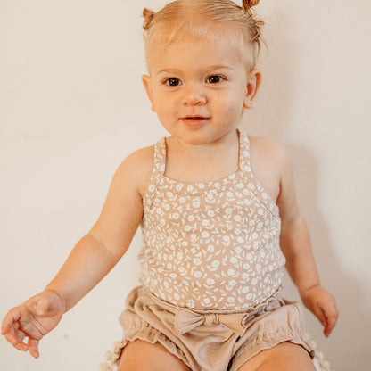 Organic Criss-Cross Bodysuit and Ruffle Bloomer Set, Oatmeal Ditsy Floral, view 2