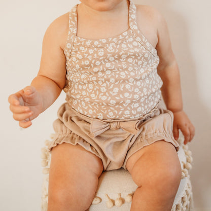 Organic Criss-Cross Bodysuit and Ruffle Bloomer Set, Oatmeal Ditsy Floral, view 4