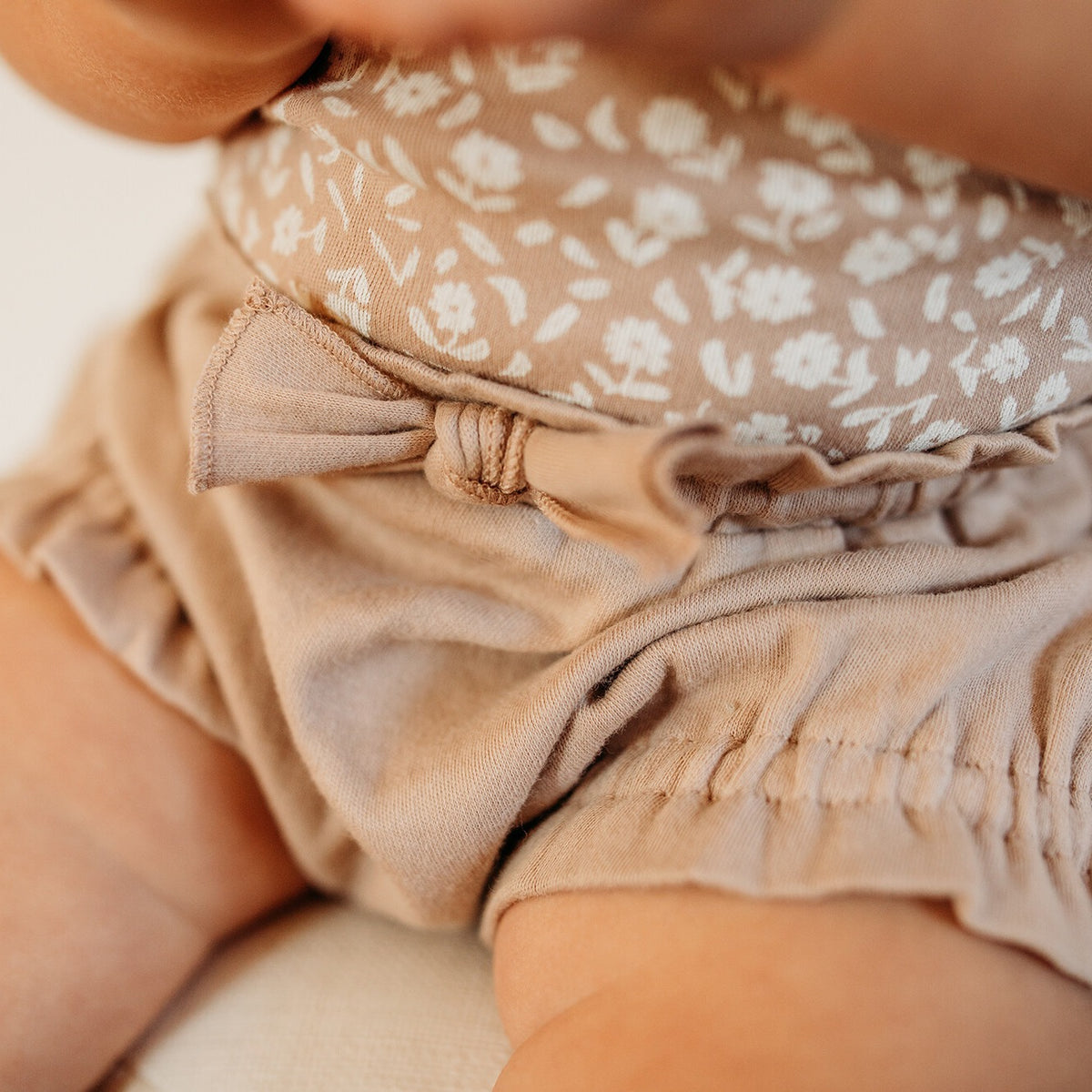 Organic Criss-Cross Bodysuit and Ruffle Bloomer Set, Oatmeal Ditsy Floral, view 5