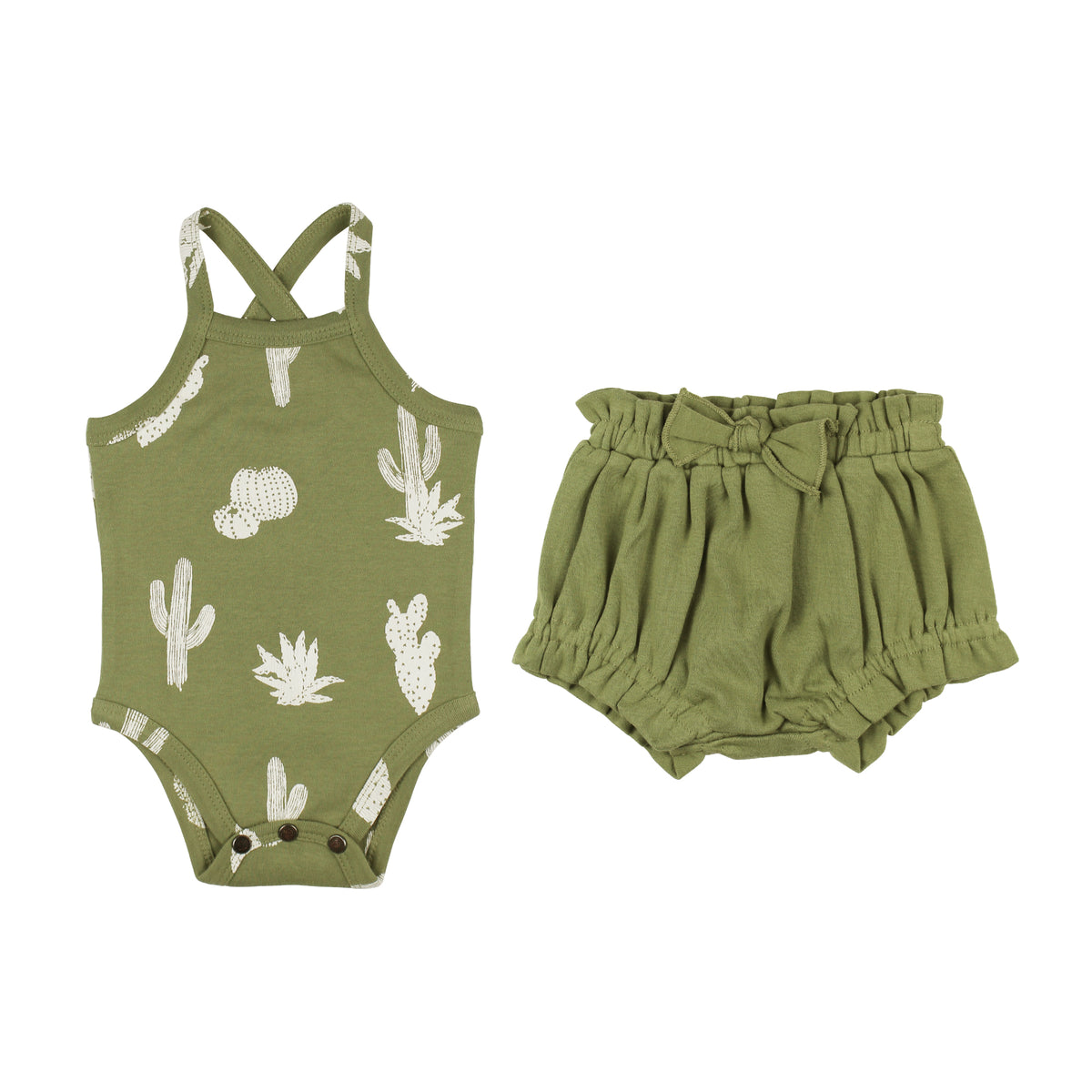 Organic Criss-Cross Bodysuit and Ruffle Bloomer Set, Sage Cactus Print, A sage green organic cotton baby bodysuit with a cream cactus print and crossback straps, shown next to matching sage green ruffle bloomers with a bow.