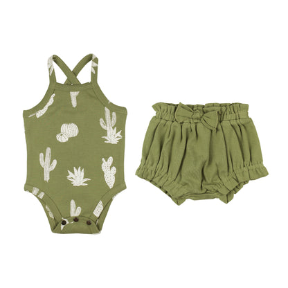 Organic Criss-Cross Bodysuit and Ruffle Bloomer Set, Sage Cactus Print, A sage green organic cotton baby bodysuit with a cream cactus print and crossback straps, shown next to matching sage green ruffle bloomers with a bow.