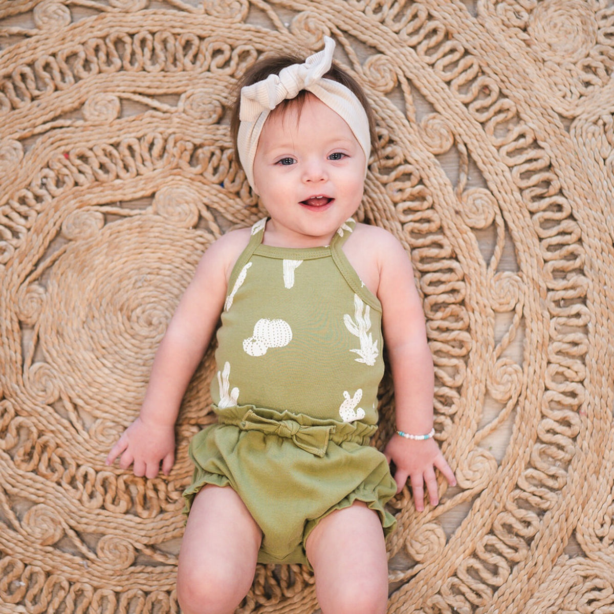 Organic Criss-Cross Bodysuit and Ruffle Bloomer Set, Sage Cactus Print, view 2