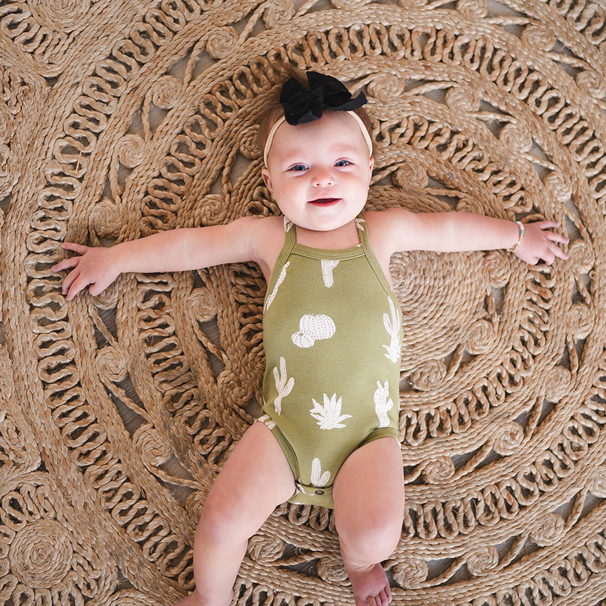 Organic Criss-Cross Bodysuit and Ruffle Bloomer Set, Sage Cactus Print, view 3
