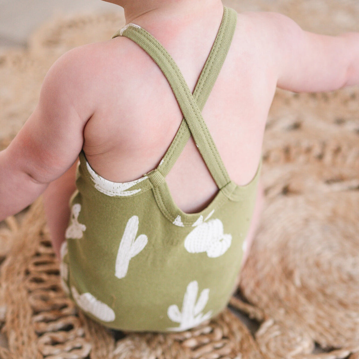 Organic Criss-Cross Bodysuit and Ruffle Bloomer Set, Sage Cactus Print, view 4