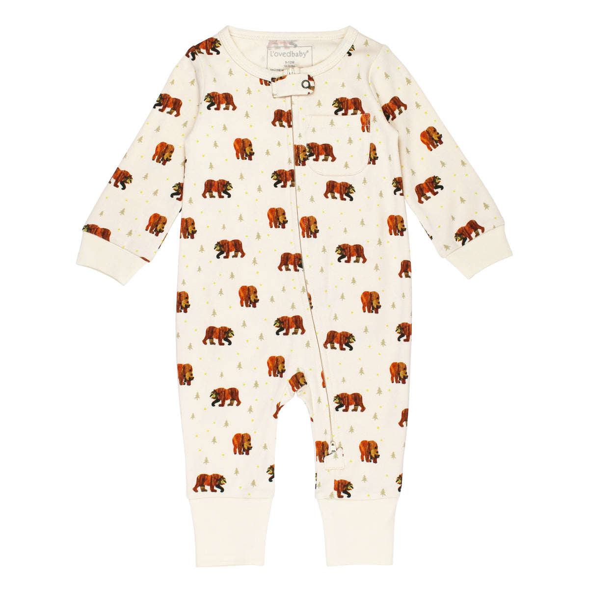 Organic Footless 2-Way Zipper Romper, Brown Bear Print, A cream footless baby romper printed with brown bears and small pine trees, featuring a front zipper, chest pocket, and folded cuffs.