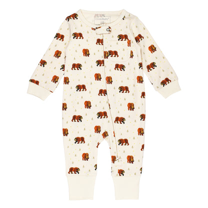 Organic Footless 2-Way Zipper Romper, Brown Bear Print, A cream footless baby romper printed with brown bears and small pine trees, featuring a front zipper, chest pocket, and folded cuffs.