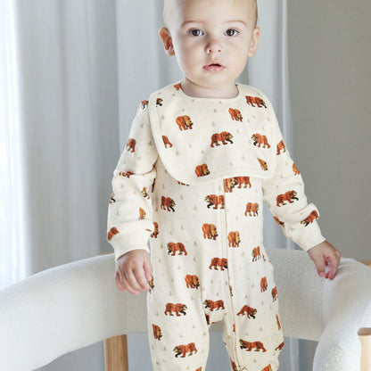 Organic Footless 2-Way Zipper Romper, Brown Bear Print, view 2