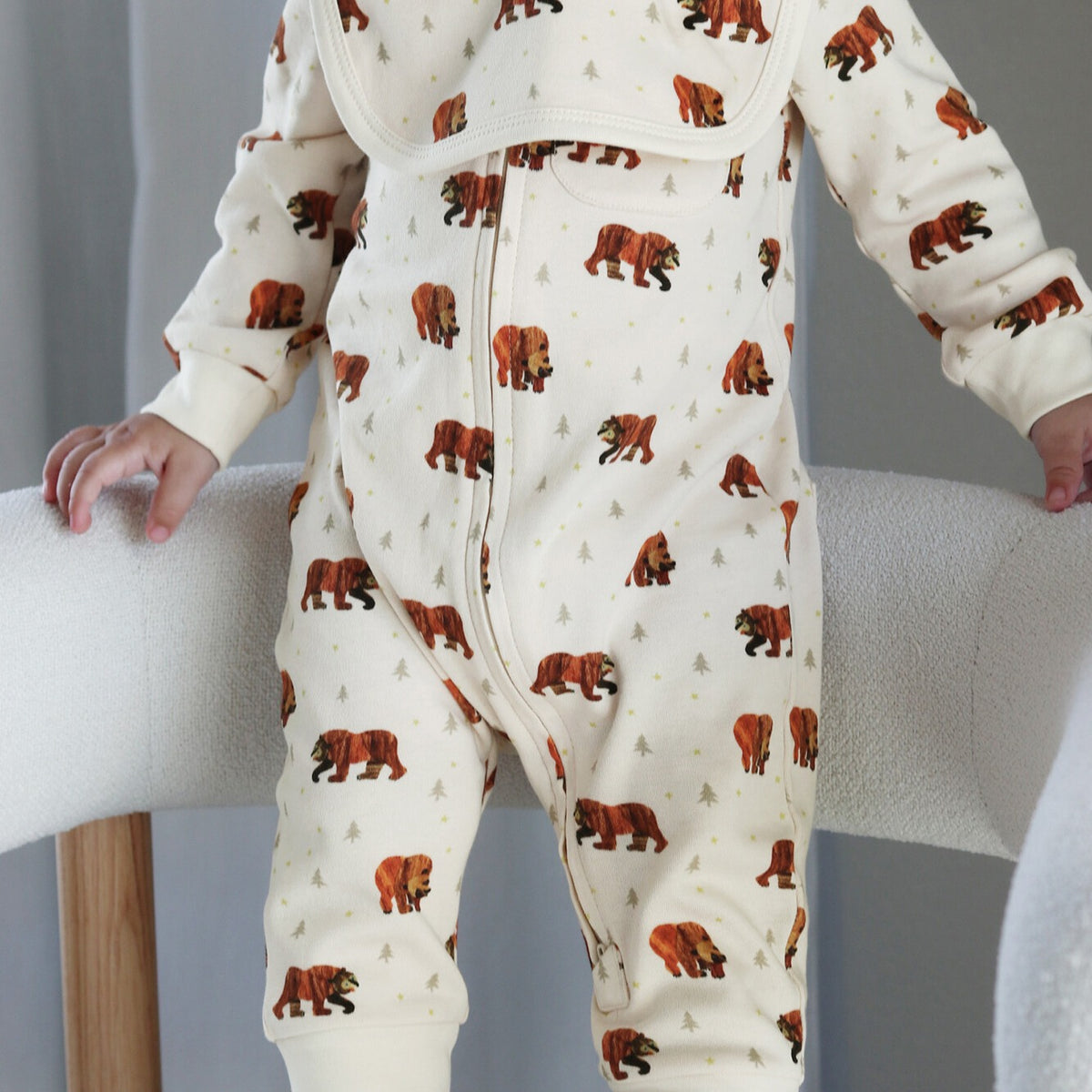 Organic Footless 2-Way Zipper Romper, Brown Bear Print, view 3