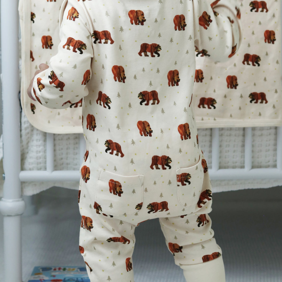 Organic Footless 2-Way Zipper Romper, Brown Bear Print, view 4