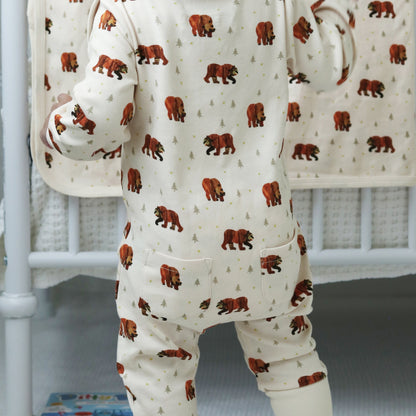 Organic Footless 2-Way Zipper Romper, Brown Bear Print, view 4