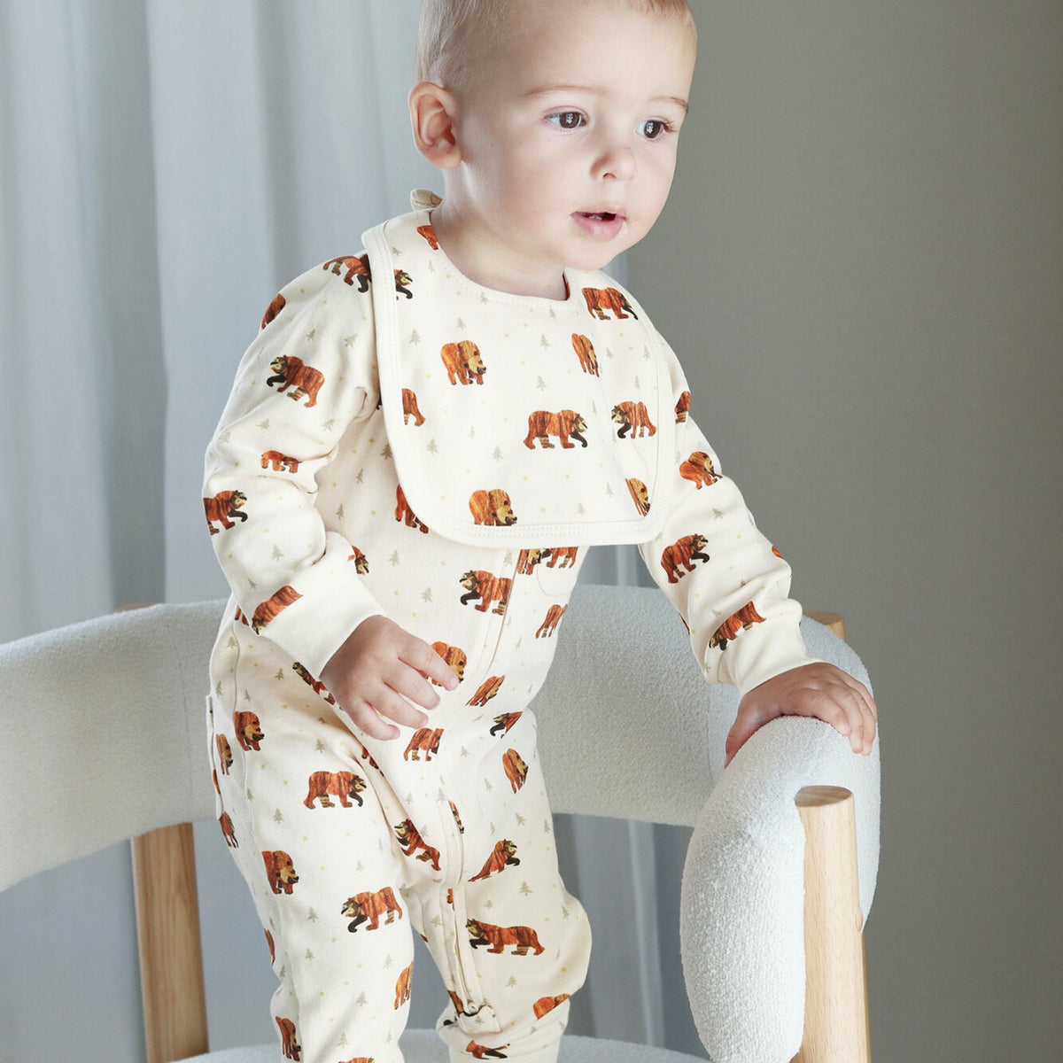 Organic Footless 2-Way Zipper Romper, Brown Bear Print, view 5