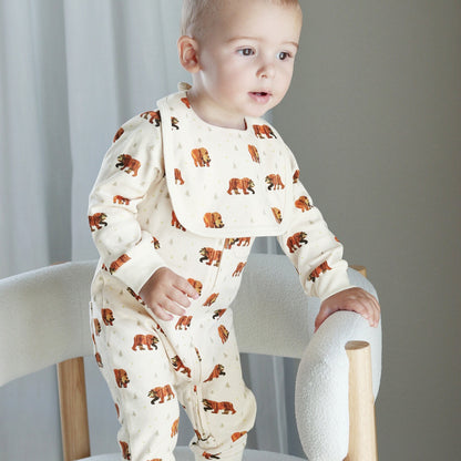 Organic Footless 2-Way Zipper Romper, Brown Bear Print, view 5