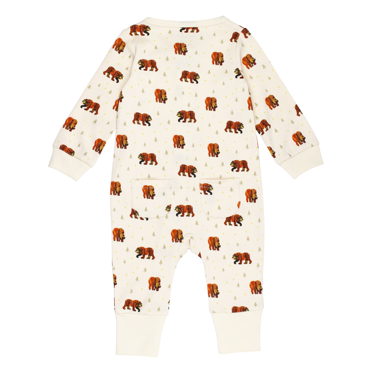 Organic Footless 2-Way Zipper Romper, Brown Bear Print, view 6