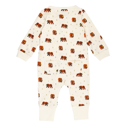 Organic Footless 2-Way Zipper Romper, Brown Bear Print, view 6