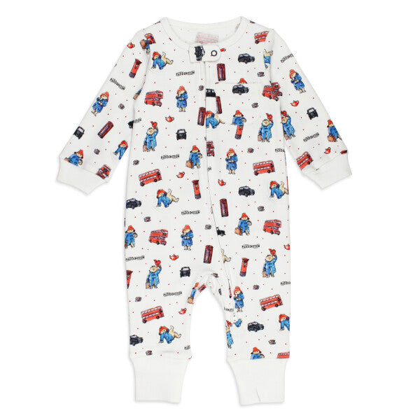 Organic Footless 2-Way Zipper Romper, London Paddington Print, A white long sleeve footless baby romper printed with a London themed pattern of teddy bears, red buses, telephone boxes, and taxis, with a front zipper and small chest pocket.
