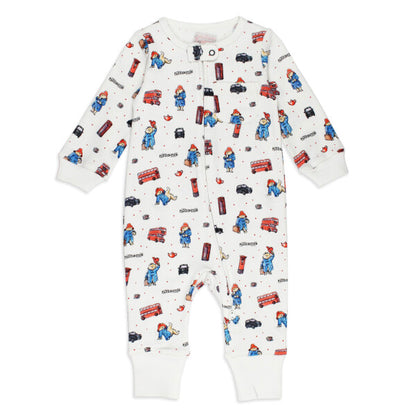 Organic Footless 2-Way Zipper Romper, London Paddington Print, A white long sleeve footless baby romper printed with a London themed pattern of teddy bears, red buses, telephone boxes, and taxis, with a front zipper and small chest pocket.