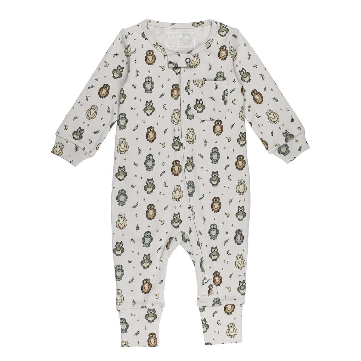 Organic Footless 2-Way Zipper Romper, Owl Print, A light gray footless baby romper with an allover owl, moon, and star print, a front zipper, and a small chest pocket.