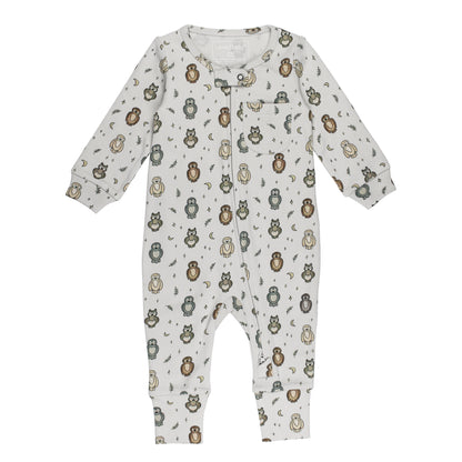 Organic Footless 2-Way Zipper Romper, Owl Print, A light gray footless baby romper with an allover owl, moon, and star print, a front zipper, and a small chest pocket.