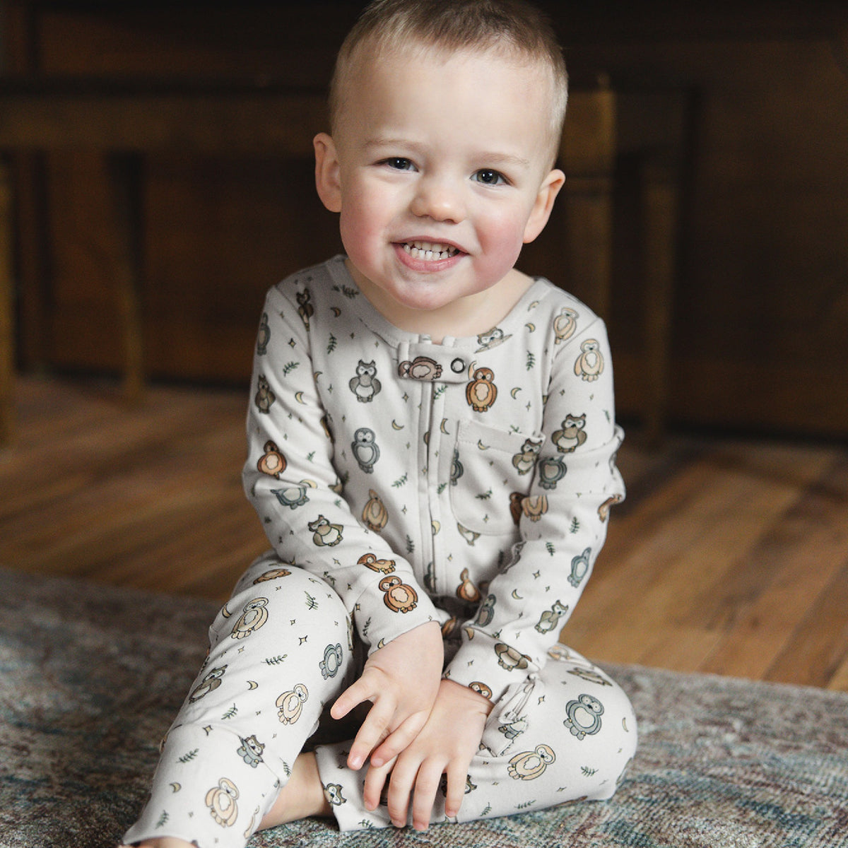Organic Footless 2-Way Zipper Romper, Owl Print, view 2