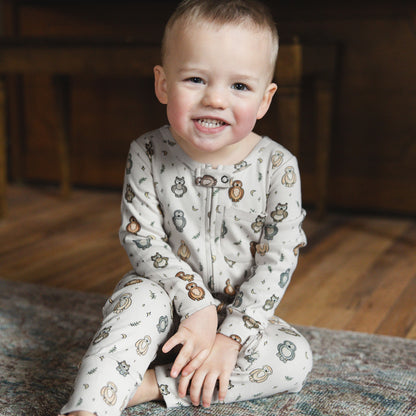 Organic Footless 2-Way Zipper Romper, Owl Print, view 2