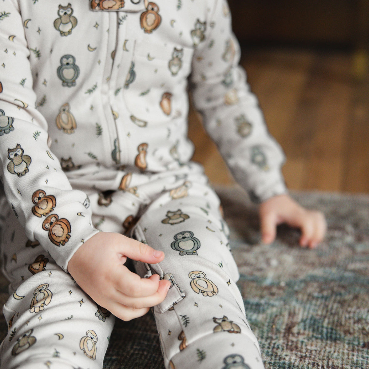 Organic Footless 2-Way Zipper Romper, Owl Print, view 3