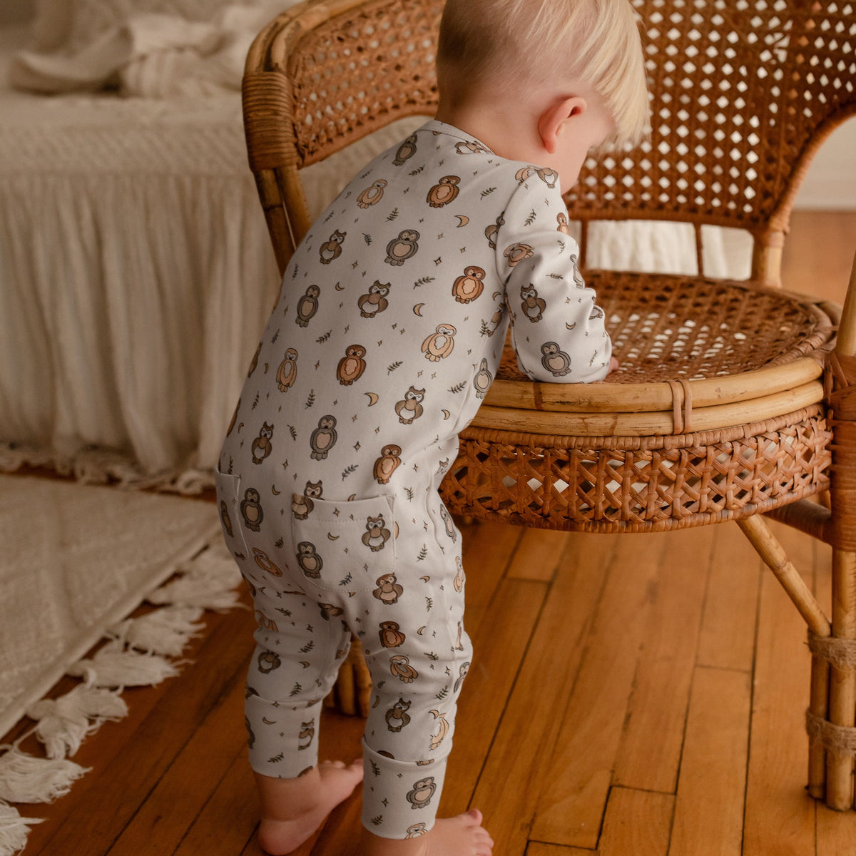 Organic Footless 2-Way Zipper Romper, Owl Print, view 4