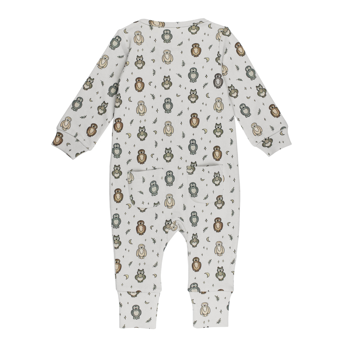 Organic Footless 2-Way Zipper Romper, Owl Print, view 6