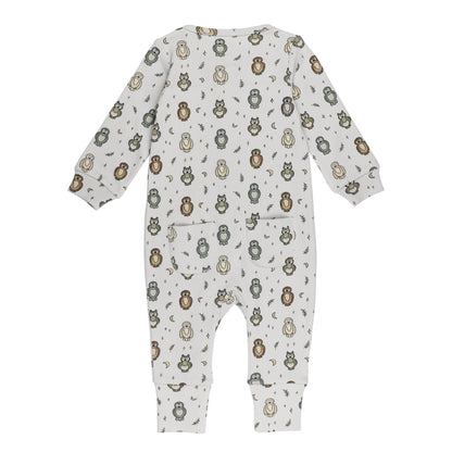 Organic Footless 2-Way Zipper Romper, Owl Print, view 6