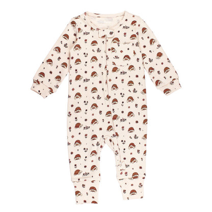 Organic Footless Zipper Romper, Tiny Tortoise Print, A cream colored footless baby romper with an allover print of tortoises and small flowers, featuring a front zipper and chest pocket.